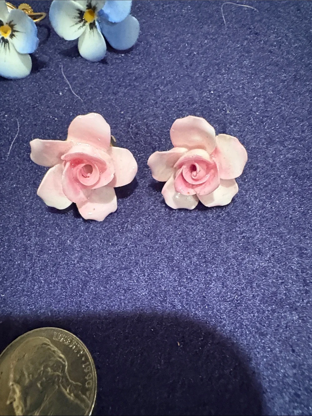 Vintage porcelain Flower clip and stud Earrings - Blue and Pink Floral Set
